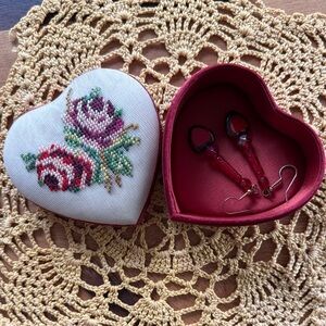 Heart-Shaped Embroidered Jewelry Box with Earrings